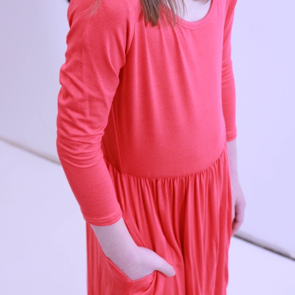 NEW Kids Fit & Flare Pocket Dress - Coral - Picture 2 of 2